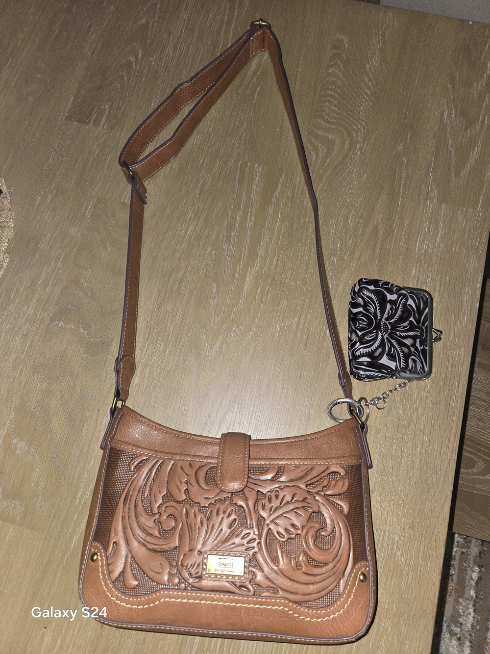Brown Tooled Crossbody Bag Purse B.O.C. with Leather Coin Pouch